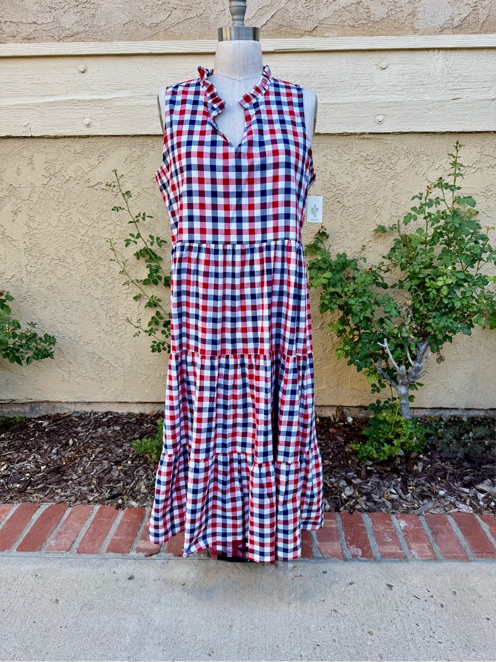 Sleeveless Red, White & Blue Gingham Tiered Maxi Dress